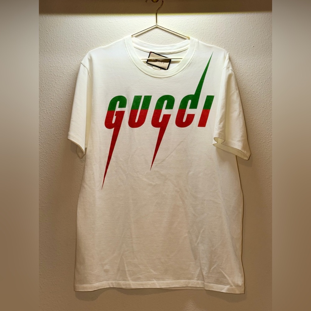 Gucci White Tee with Red & Green Slashed Logo